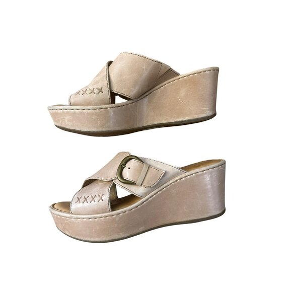 Born Womens Curstyn Wedge Sandals Sz 7 Platform Tan Leather Slides Shoes D89602 - Picture 2 of 8